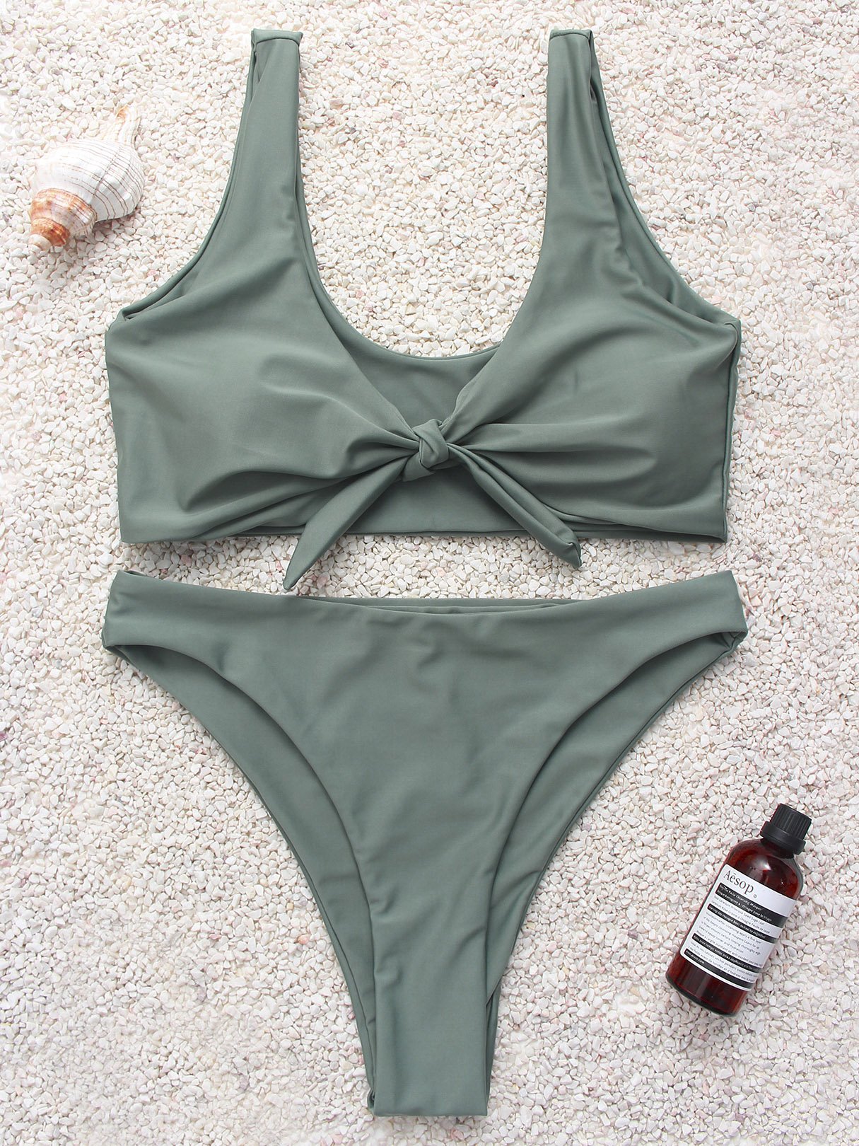 Wholesale Army Green V-Neck Plain High Waist 2 Piece Bikinis