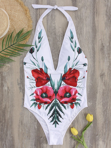Wholesale White Deep V Neck Sleeveless Floral Print Backless One-Pieces Swimsuits