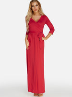 Wholesale V-Neck Plain Lace-Up Wrap 3/4 Length Sleeve Red Maxi Dress
