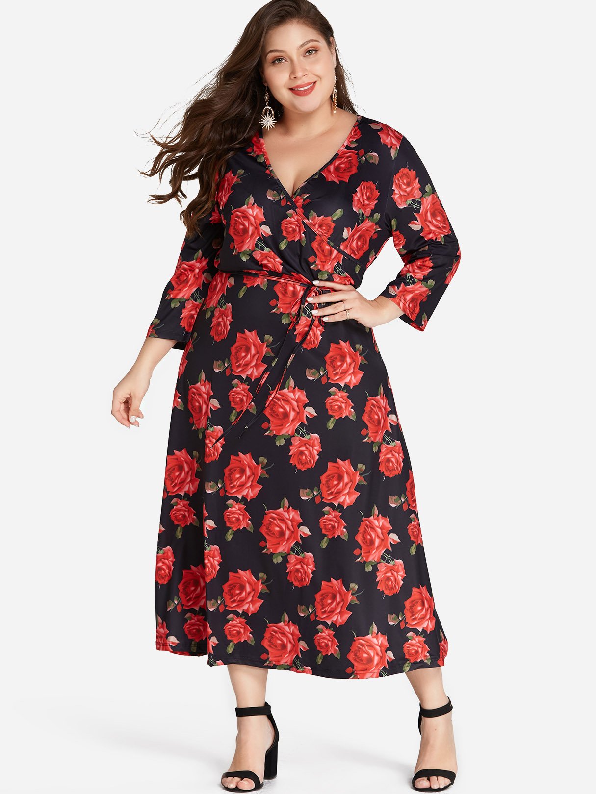 Wholesale V-Neck Floral Print Self-Tie Wrap 3/4 Sleeve Rose Plus Size Dress
