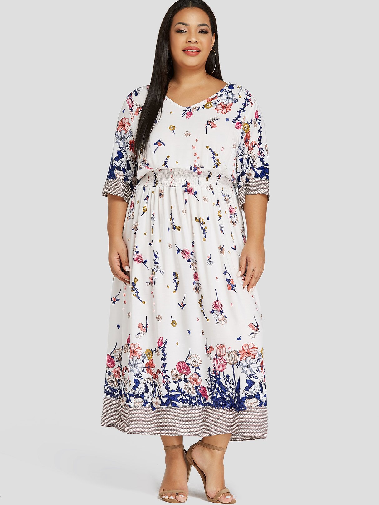 Wholesale V-Neck Floral Print Half Sleeve White Plus Size Dress