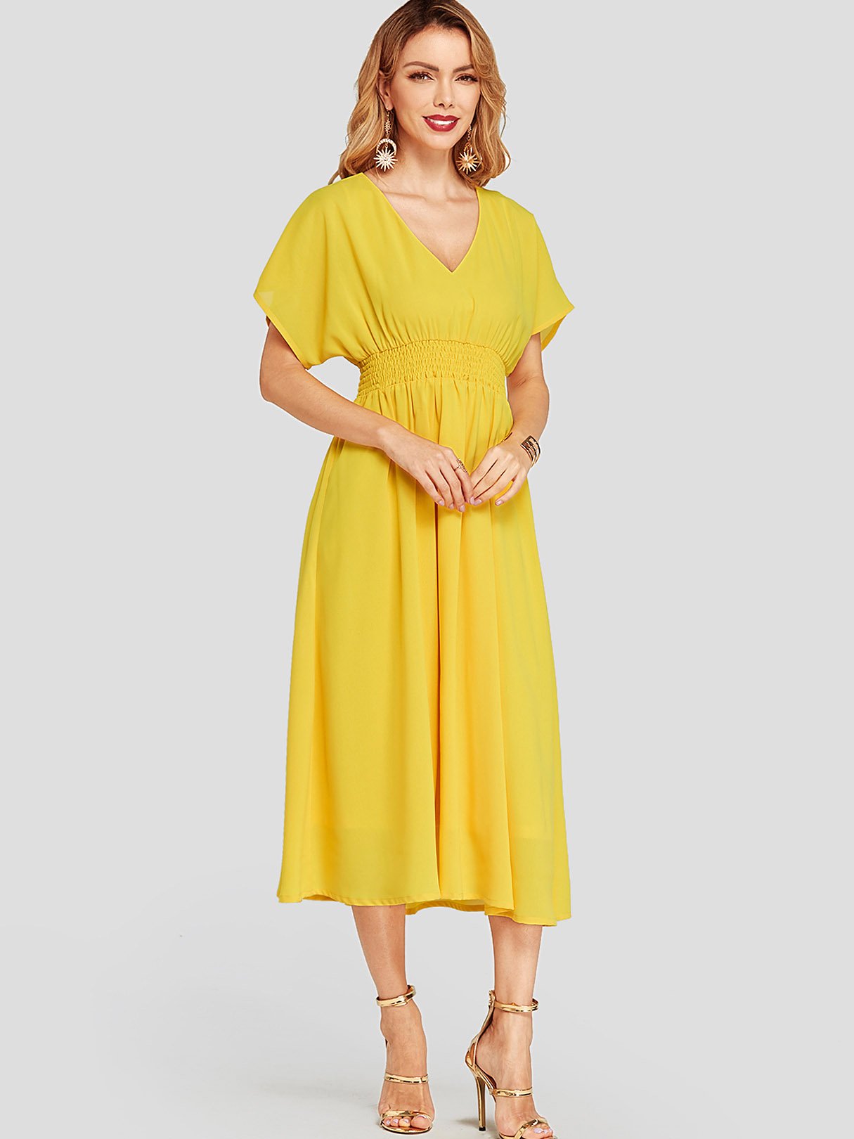 NEW FEELING Womens Yellow V-Neck Dresses