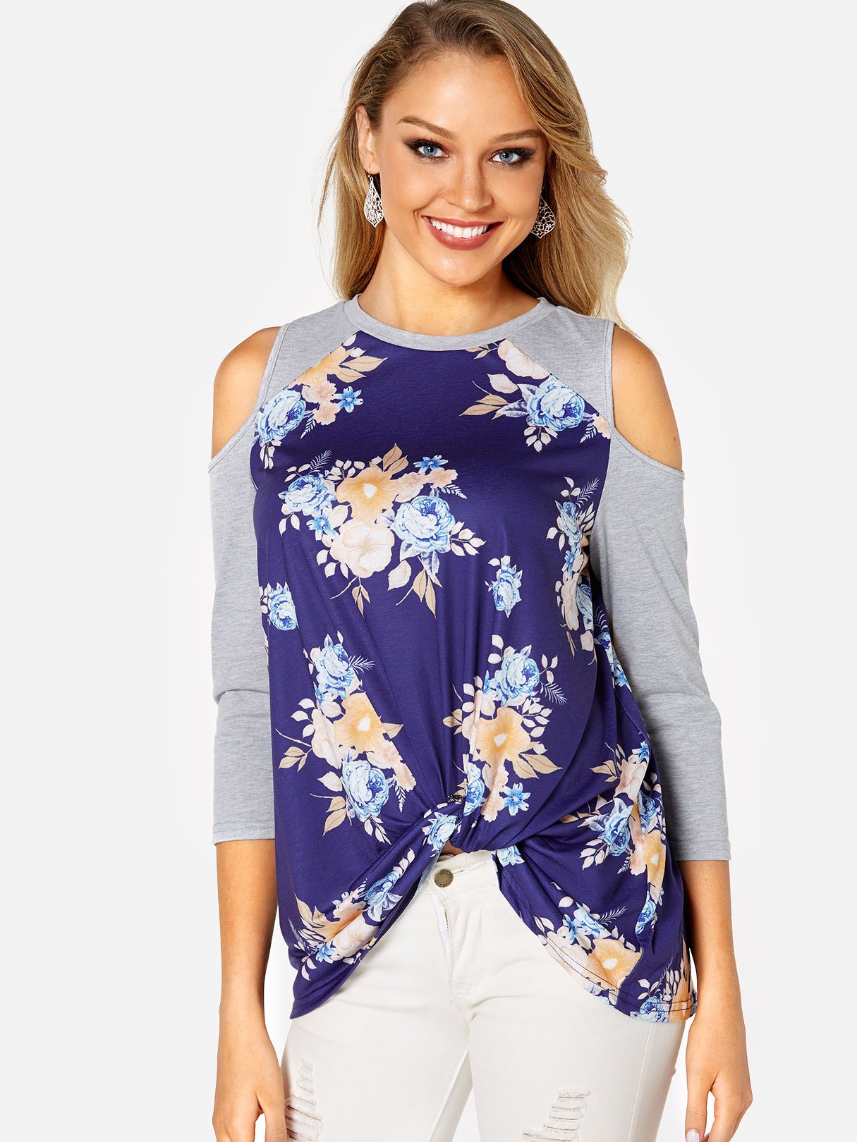 Wholesale Round Neck Cold Shoulder Floral Print 3/4 Sleeve Navy T-Shirts