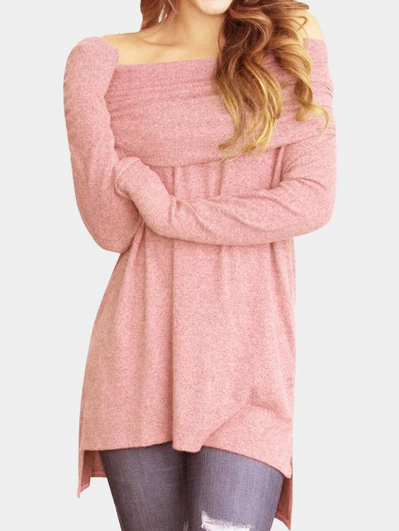 Wholesale Off The Shoulder Long Sleeve Irregular Hem Pink T-Shirts