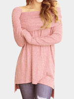 Wholesale Off The Shoulder Long Sleeve Irregular Hem Pink T-Shirts