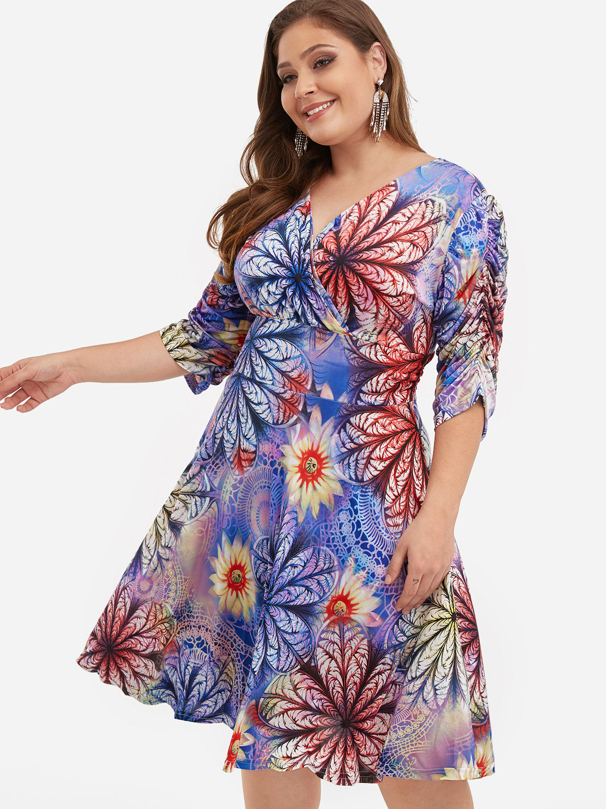 Wholesale V-Neck Floral Print Wrap 3/4 Sleeve Blue Plus Size Dress