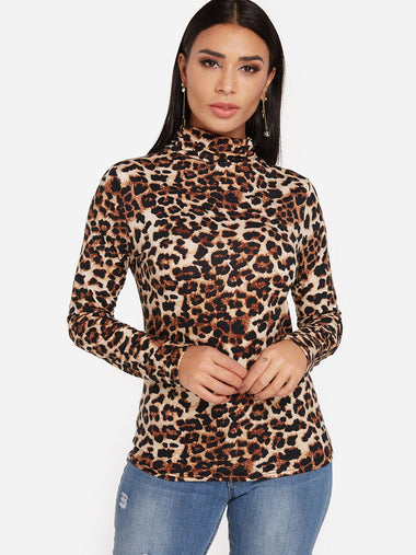 Wholesale Perkins Collar Leopard Long Sleeve T-Shirts