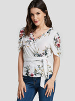 Wholesale V-Neck Floral Print Short Sleeve White Blouses