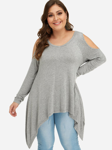 Wholesale Scoop Neck Cold Shoulder Plain Cut Out Long Sleeve Handkerchief Hem Grey Plus Size Tops