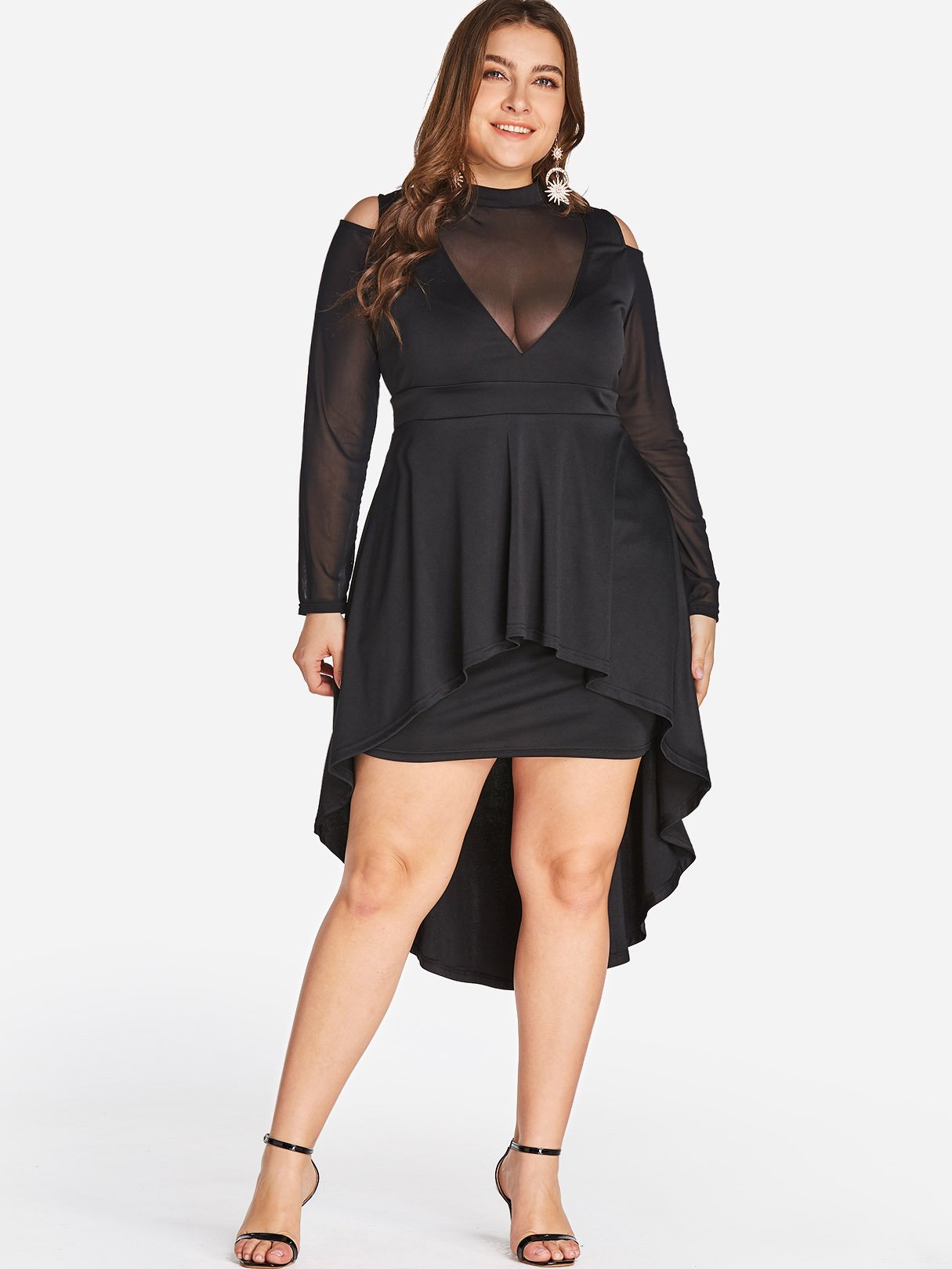 Wholesale Round Neck Plain Lace Long Sleeve High-Low Hem Black Plus Size Dress