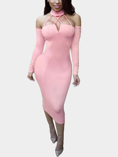 Wholesale Pink Halter V-Neck Long Sleeve Plain Backless Cut Out Dresses