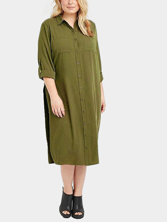 Wholesale Classic Collar Plain Two Large Pockets Long Sleeve Slit Hem Green Plus Size Dresses