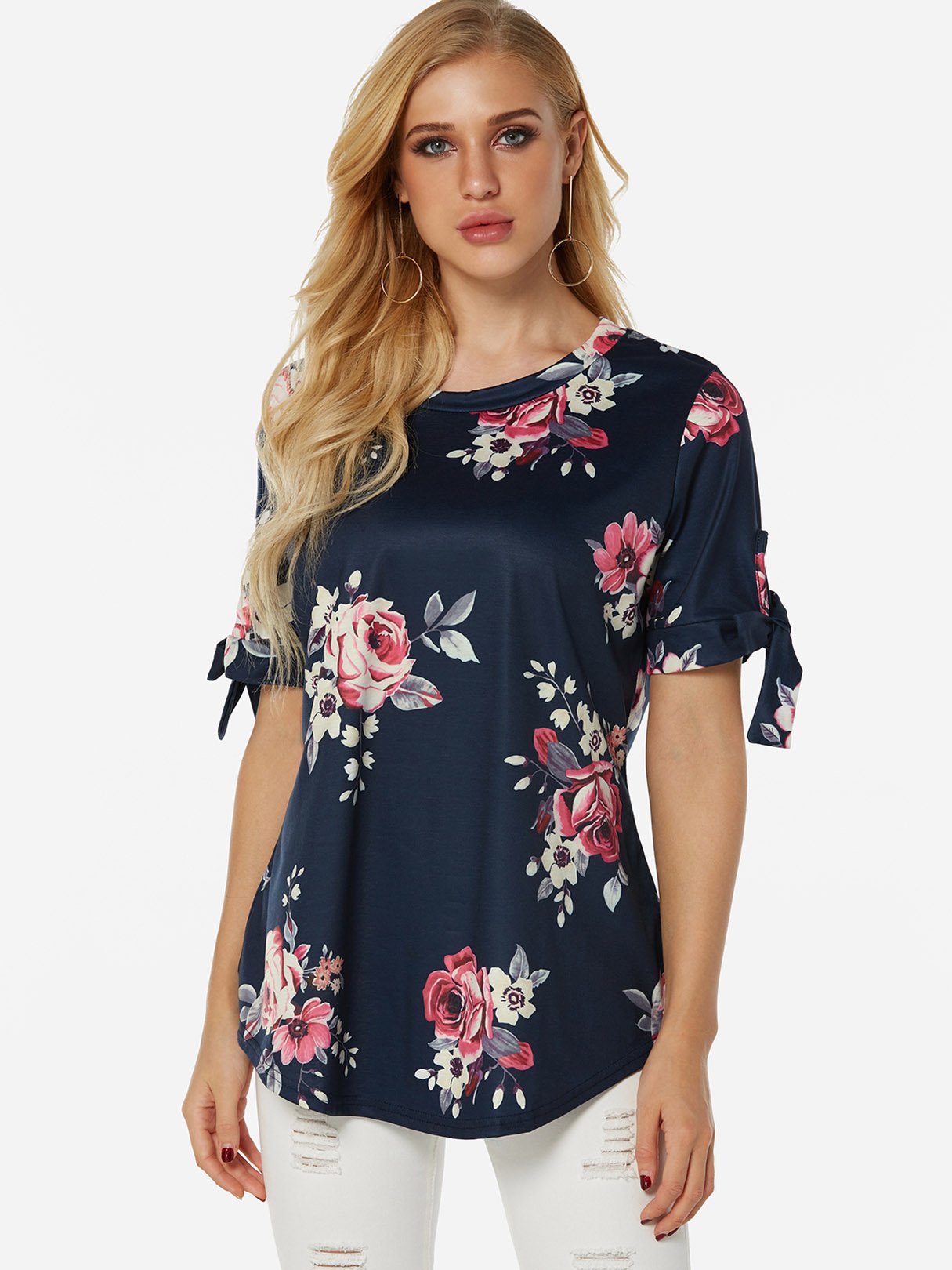 Wholesale Round Neck Floral Print Lace-Up Self-Tie Short Sleeve T-Shirts