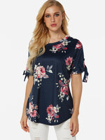Wholesale Round Neck Floral Print Lace-Up Self-Tie Short Sleeve T-Shirts