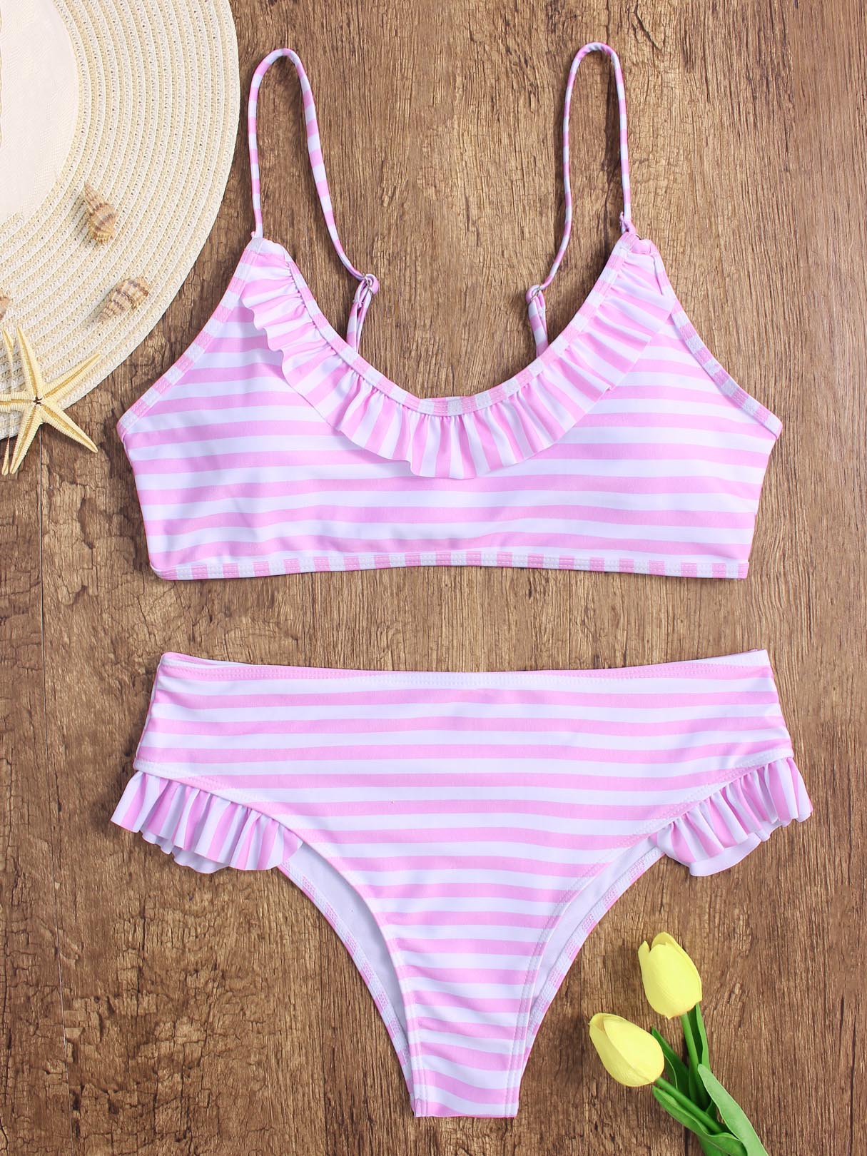 Wholesale Scoop Neck Stripe Sleeveless Pink Bikinis