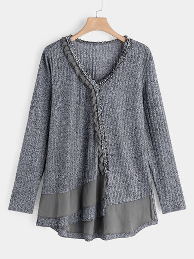 Wholesale V-Neck Plain Long Sleeve Grey Plus Size Tops