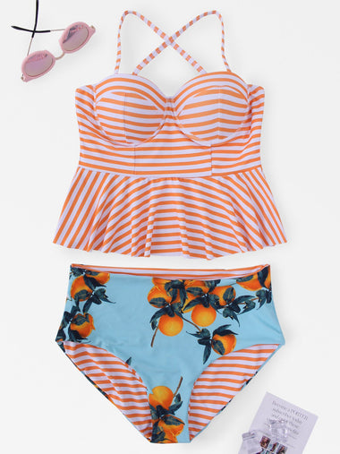 Wholesale Halter Stripe Floral Print Sleeveless 2 Piece Bikini