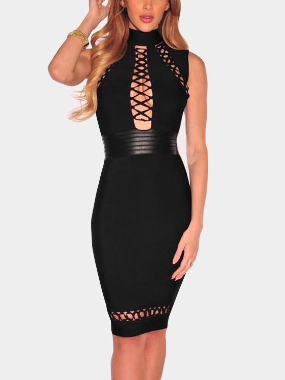 Wholesale Black Crew Neck Sleeveless Hollow Bodycon Hem Sexy Dresses