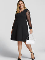 Wholesale V-Neck Plain See Through Long Sleeve Flounced Hem Black Plus Size Dress