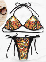 Wholesale Black Halter V-Neck Sleeveless Fantasy Colour Sequins Embellished Tie-Up Bikinis