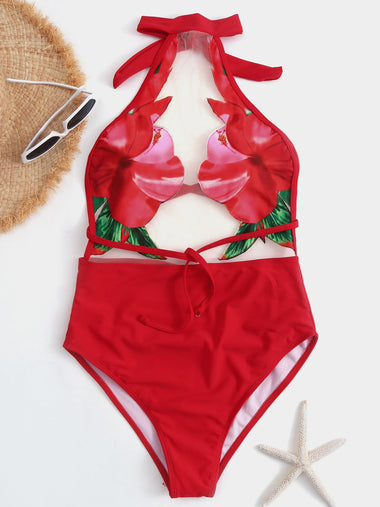 Wholesale Halter Floral Print Backless See Through Criss-Cross Tie-Up Sleeveless Red Bikinis