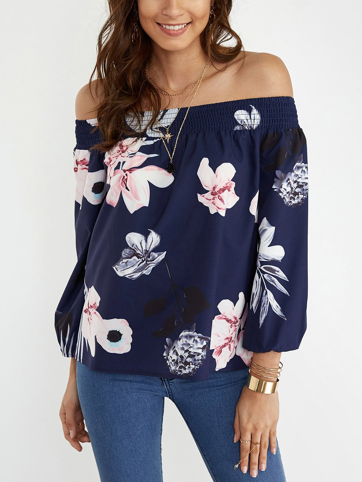 Wholesale Off The Shoulder Floral Print Long Sleeve Navy Blouses