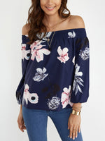 Wholesale Off The Shoulder Floral Print Long Sleeve Navy Blouses