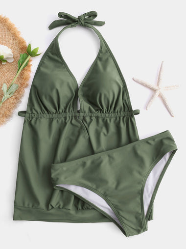 Wholesale Green Halter V-Neck Plain Crossed Front Tie-Up Tankinis