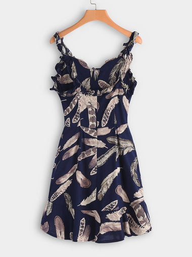 Wholesale V-Neck Sleeveless Floral Print Spaghetti Strap Flounced Hem Casual Dresses