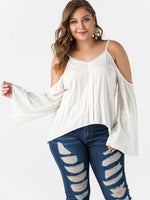 Wholesale V-Neck Cold Shoulder Plain Crochet Lace Embellished Long Sleeve White Plus Size Tops