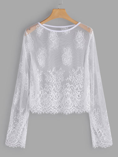 Wholesale Scoop Neck Plain Lace Long Sleeve Flounced Hem White Plus Size Tops