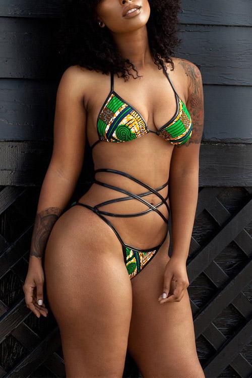 Wholesale Halter Floral Print Backless Wireless Sleeveless Green Bikini Set