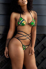 Wholesale Halter Floral Print Backless Wireless Sleeveless Green Bikini Set