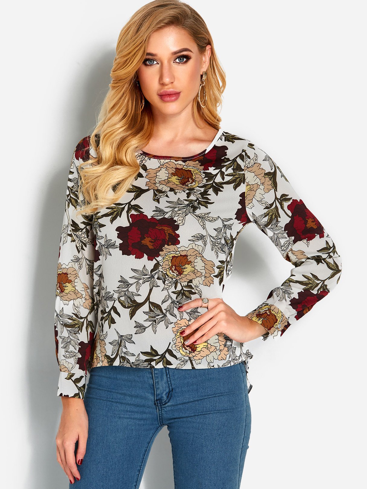 Wholesale Round Neck Floral Print Zip Back Long Sleeve Irregular Hem White Blouses