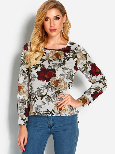 Wholesale Round Neck Floral Print Zip Back Long Sleeve Irregular Hem White Blouses