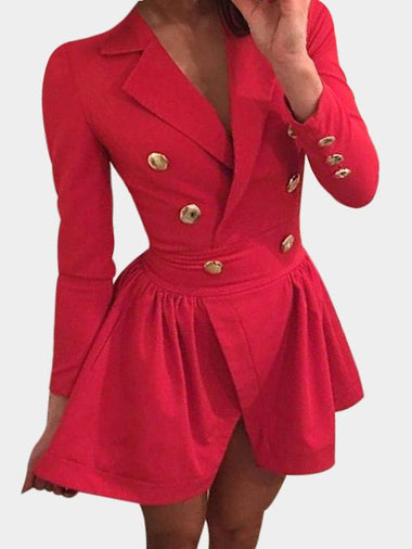 Wholesale Red Lapel Collar Long Sleeve Crossed Front Zip Back Pleated Wrap Slit Hem Sexy Dresses