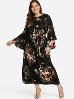 Wholesale Round Neck Floral Print Tiered Self-Tie Long Sleeve Flounced Hem Black Plus Size Dress