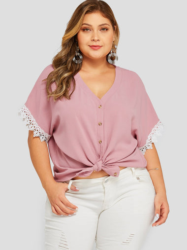 Wholesale V-Neck Plain Lace Half Sleeve Pink Plus Size Tops