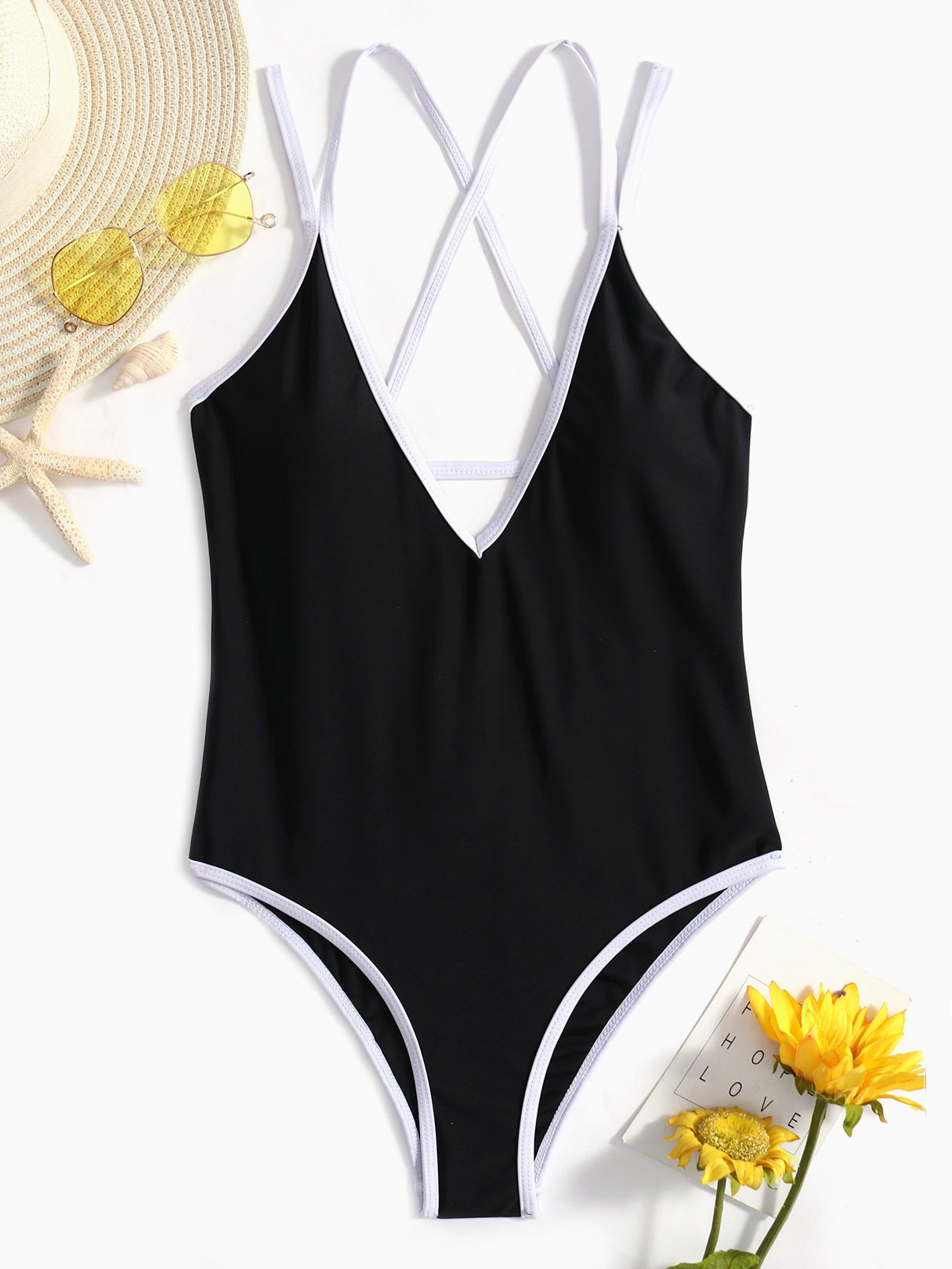 Wholesale Black V-Neck Sleeveless Backless Lace-Up High-Waisted One-Pieces Swimwears