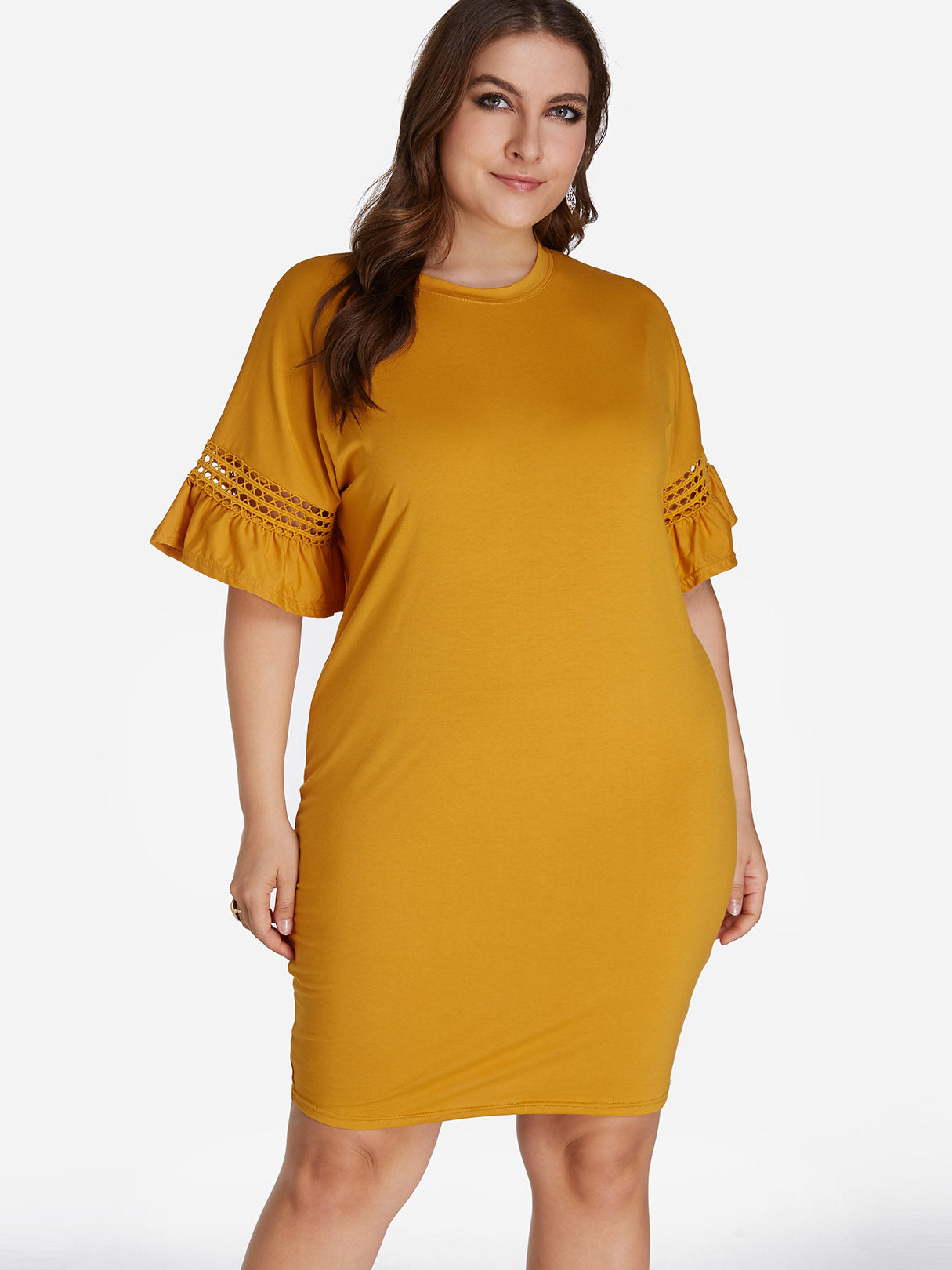 Wholesale Crew Neck Plain Hollow Half Sleeve Plus Size Dresses