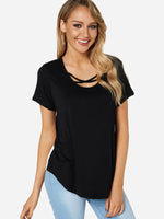 Wholesale Round Neck Floral Print Crossed Front Short Sleeve Curved Hem Black T-Shirts