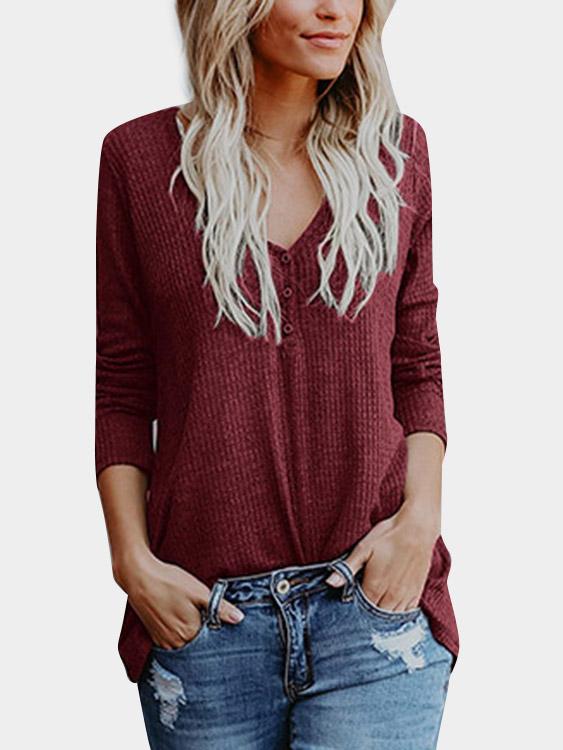 Wholesale V-Neck Plain Long Sleeve Burgundy T-Shirts