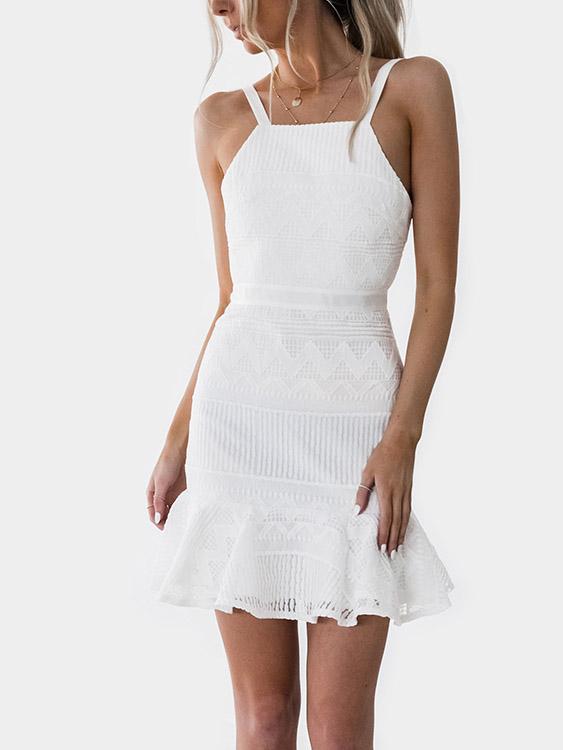 Wholesale White Halter Sleeveless Lace Hollow Mini Dresses
