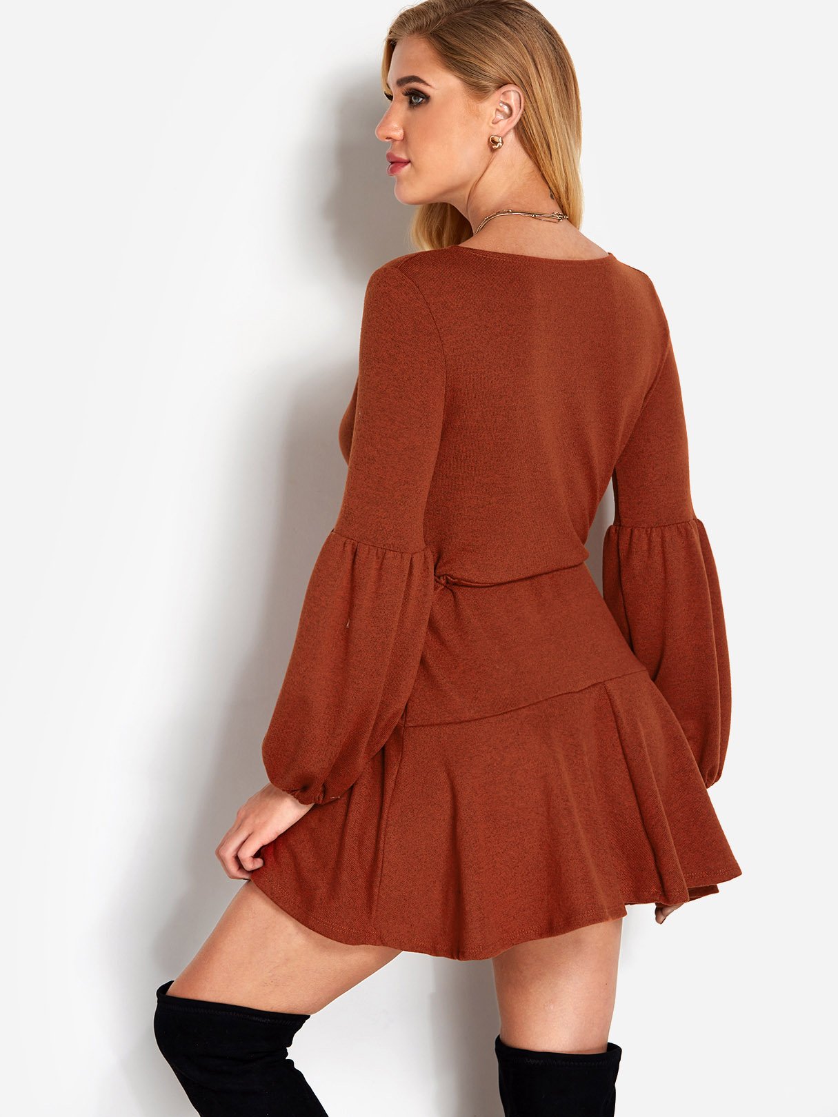 OEM Ladies Orange V-Neck Dresses