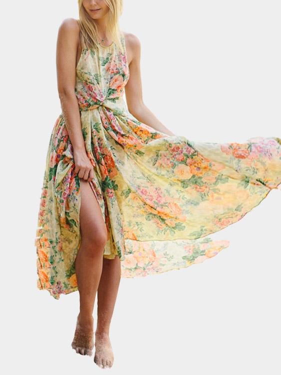 Wholesale Bohemia Style Chiffon Backless Random Floral Pattern Dresses