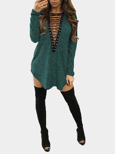 Wholesale V-Neck Plain Long Sleeve Green Mini Dress