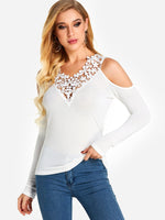 Wholesale V-Neck Cold Shoulder Lace Long Sleeve White T-Shirts