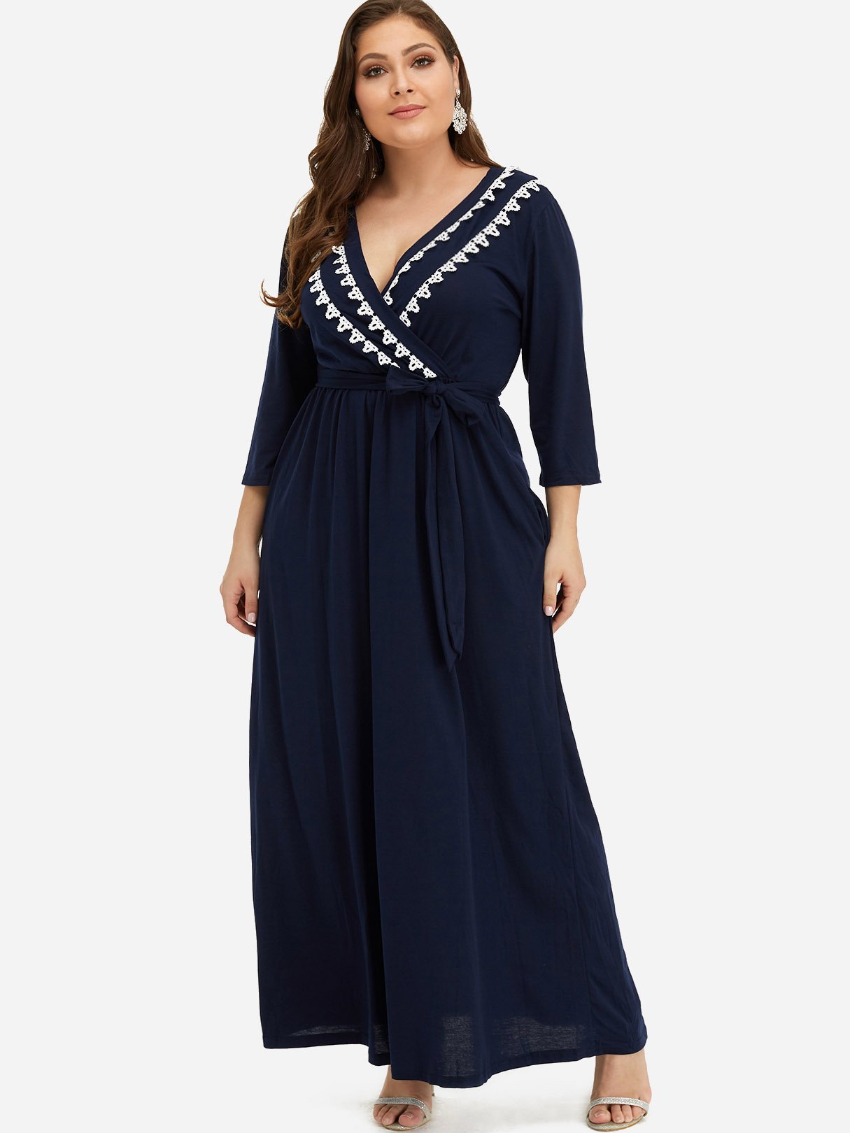 Wholesale V-Neck Plain Pleated Self-Tie Wrap 3/4 Sleeve Plus Size Dress