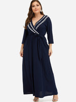 Wholesale V-Neck Plain Pleated Self-Tie Wrap 3/4 Sleeve Plus Size Dress