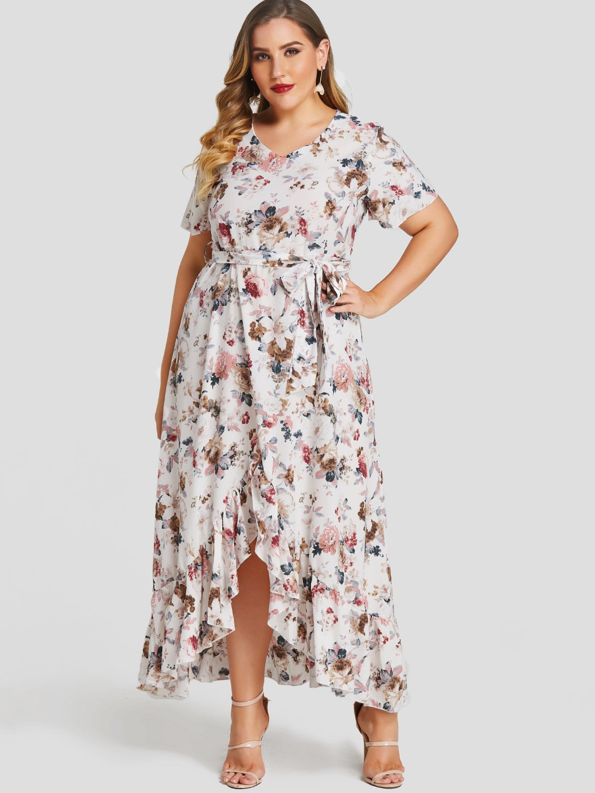 Wholesale V-Neck Floral Print Self-Tie Short Sleeve Ruffle Hem White Plus Size Dress